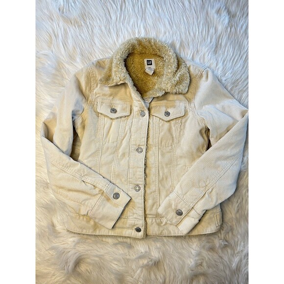 Gap Trucker Jacket Womens Small Cream Corduroy Sherpa Lined Y2K 07 Cozy - Picture 2 of 7